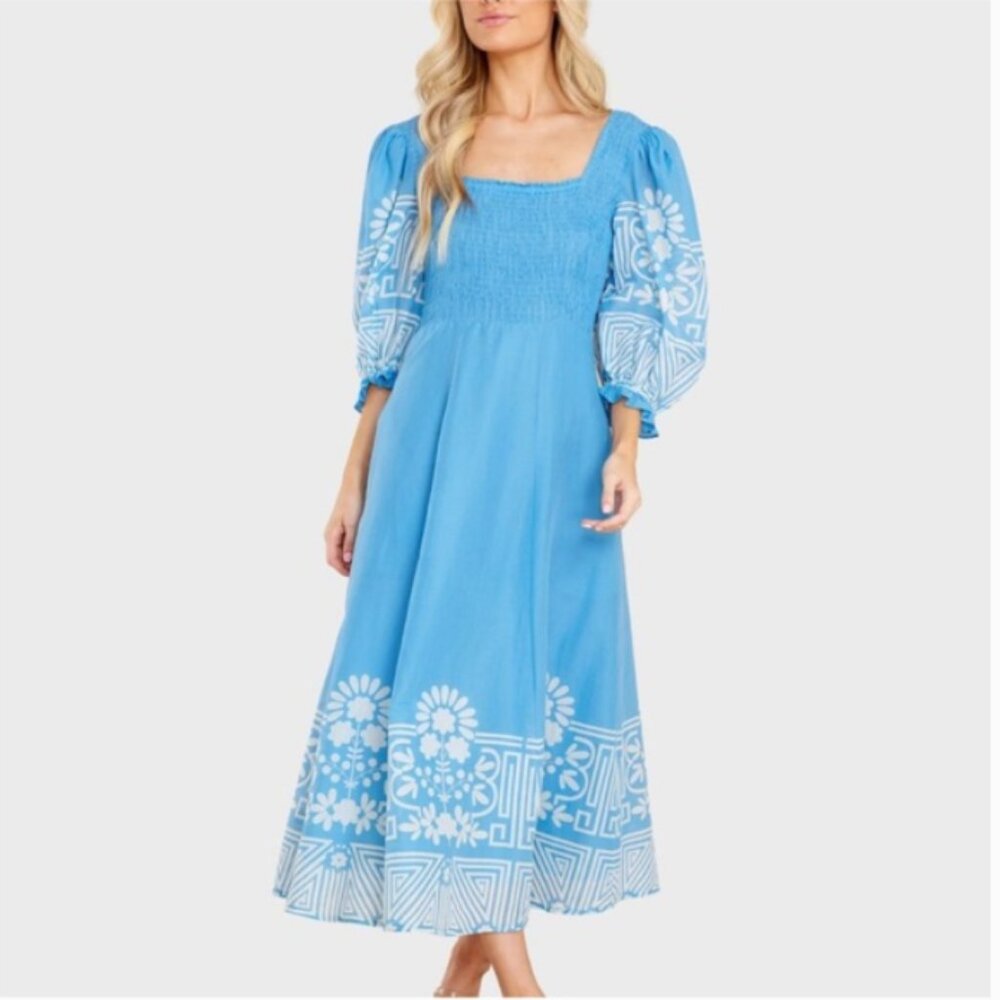 Olivia James the Label Bridget Midi Dress in Garden Gate Sky Summer Country L